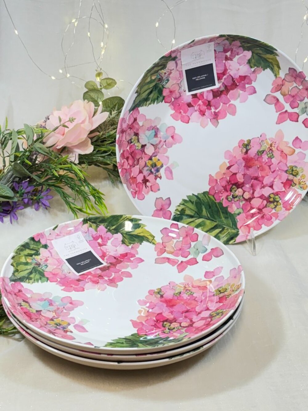 Rachel Ashwell Pink Hydrangea MELAMINE Dinner Plates Set Of 4 l Shabby Chic